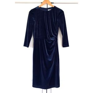 Eliza J Dress Navy Velvet Cocktail Sheath Gathered Waist 3/4 Sleeve Party Size 6
